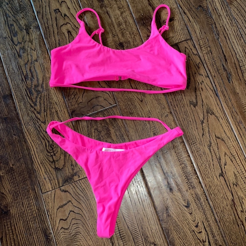 Hot & Delicious Hot Pink String Scoop 2 Piece Bikini Swim Top